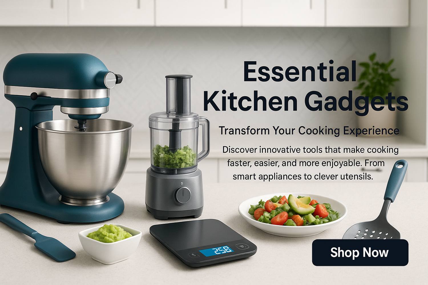 Generate a goodKitchen Gadgets
 banner, write a good title, subheading, description text, and use the shop now button.