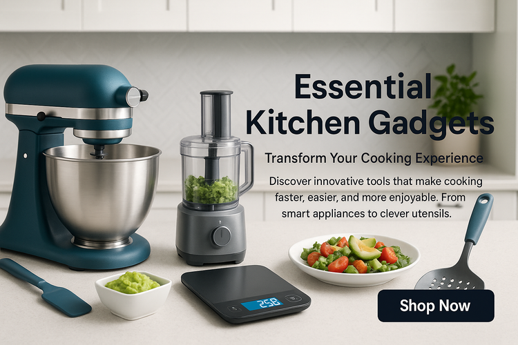 Generate a goodKitchen Gadgets
 banner, write a good title, subheading, description text, and use the shop now button.