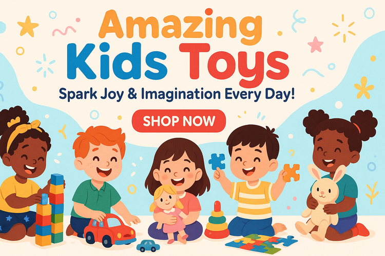Generate a Kids Toys with kids
 banner, write a good title, subheading, and use the shop button.